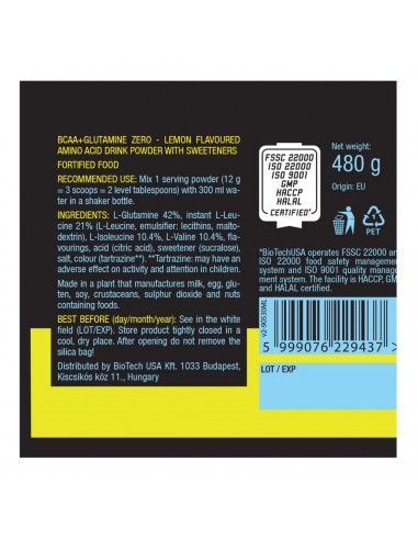 Biotech BCAA+Glutamina Zero - 40 servidas